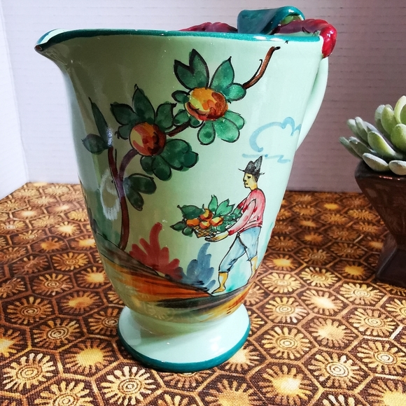 Vintage Hand Painted Green Italian Pottery Pitcher - Picture 12 of 14